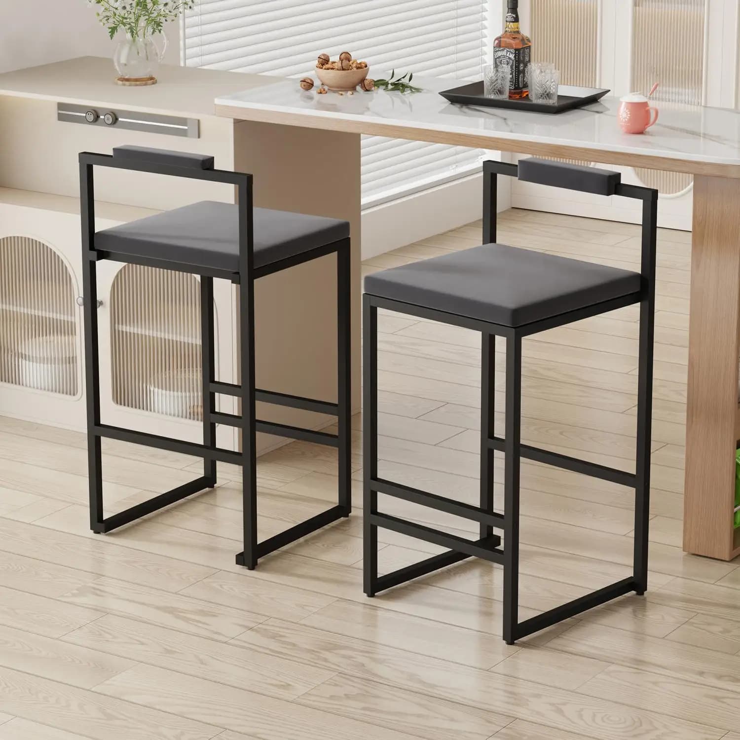 Upholstered Velvet Bar Stools Set of 2 Counter Height with Low Back and Footrest Gray Fabric and Black Metal Frame for Kitchen I