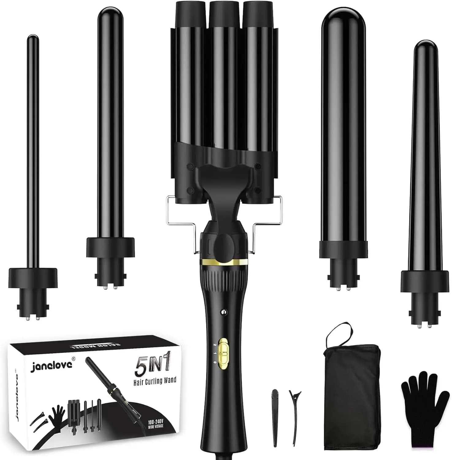 Set di Ferro Arricciacapelli 5-in-1, Cilindri in Ceramica Intercambiabili (0,39-1,25"), Doppia Regolazione del Calore, Riscaldamento Rapido, per Tutti i Tipi di Capelli