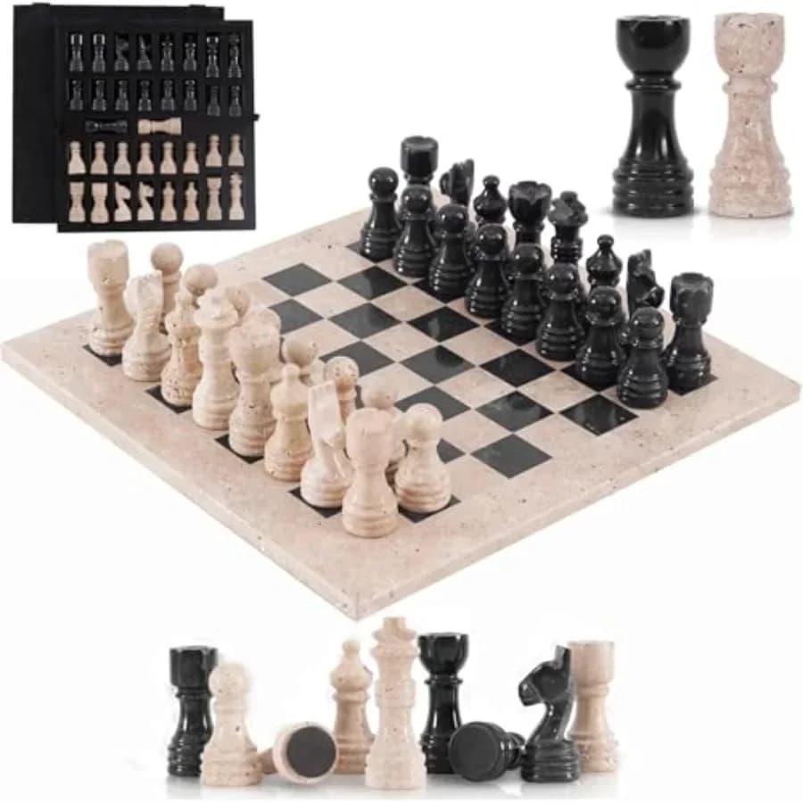 Set di Scacchi in Marmo per Adulti: Scacchiera in Travertino e Nero Fatta a Mano da 12 Pollici con Scatola Portaoggetti, Gioco di Scacchi da Viaggio con 32 Pezzi