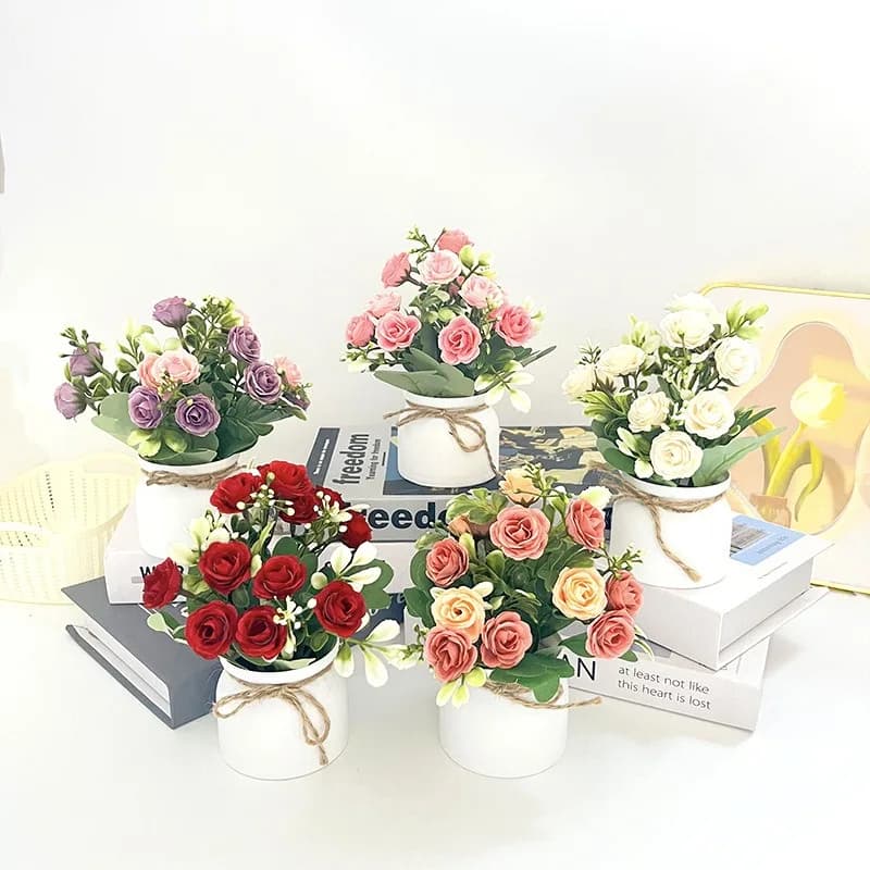 Small hemp rope basin, simulated rose pot plant, home office decoration, interior desktop decoration, wholesale artificial plant