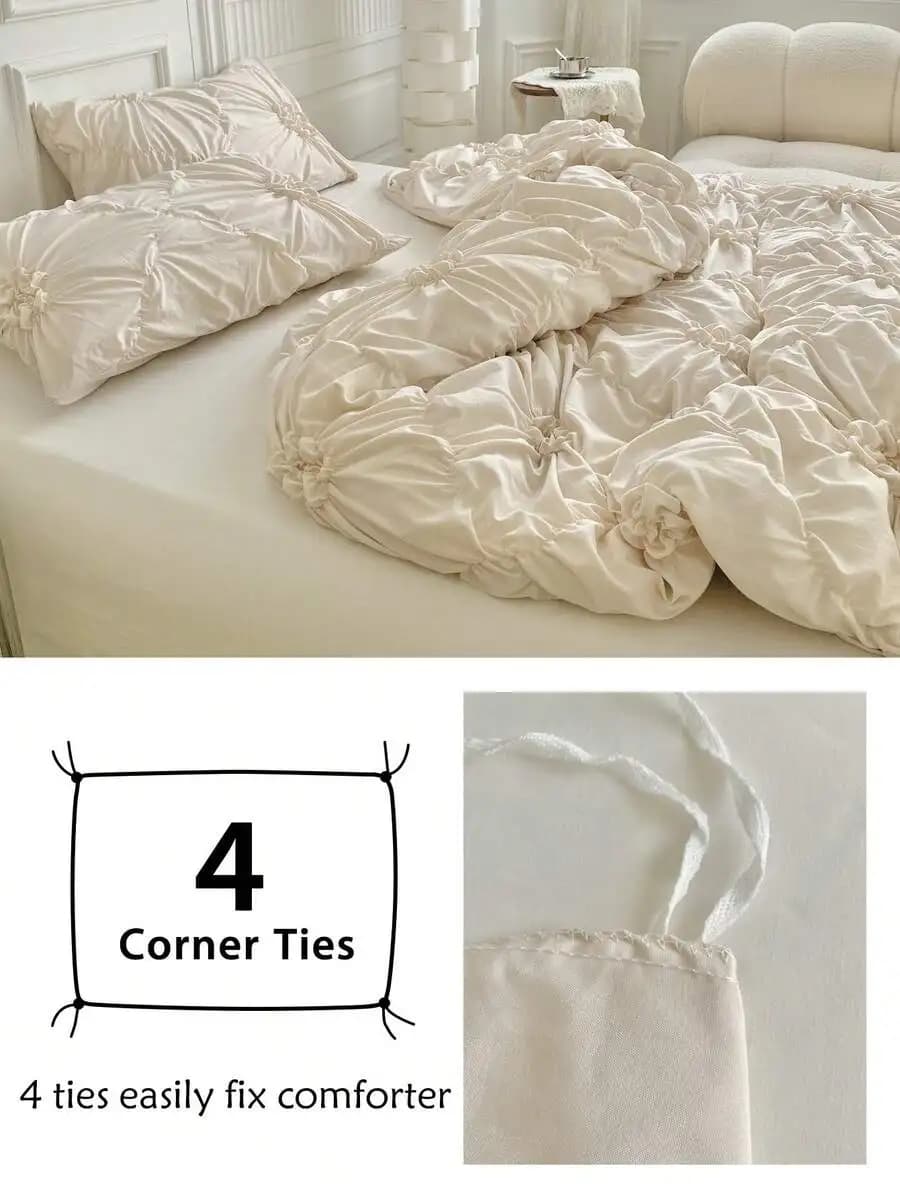 3pcs Beige Ruched Polyester Duvet Cover Set Minimalist Comforter Cover All Seasons
