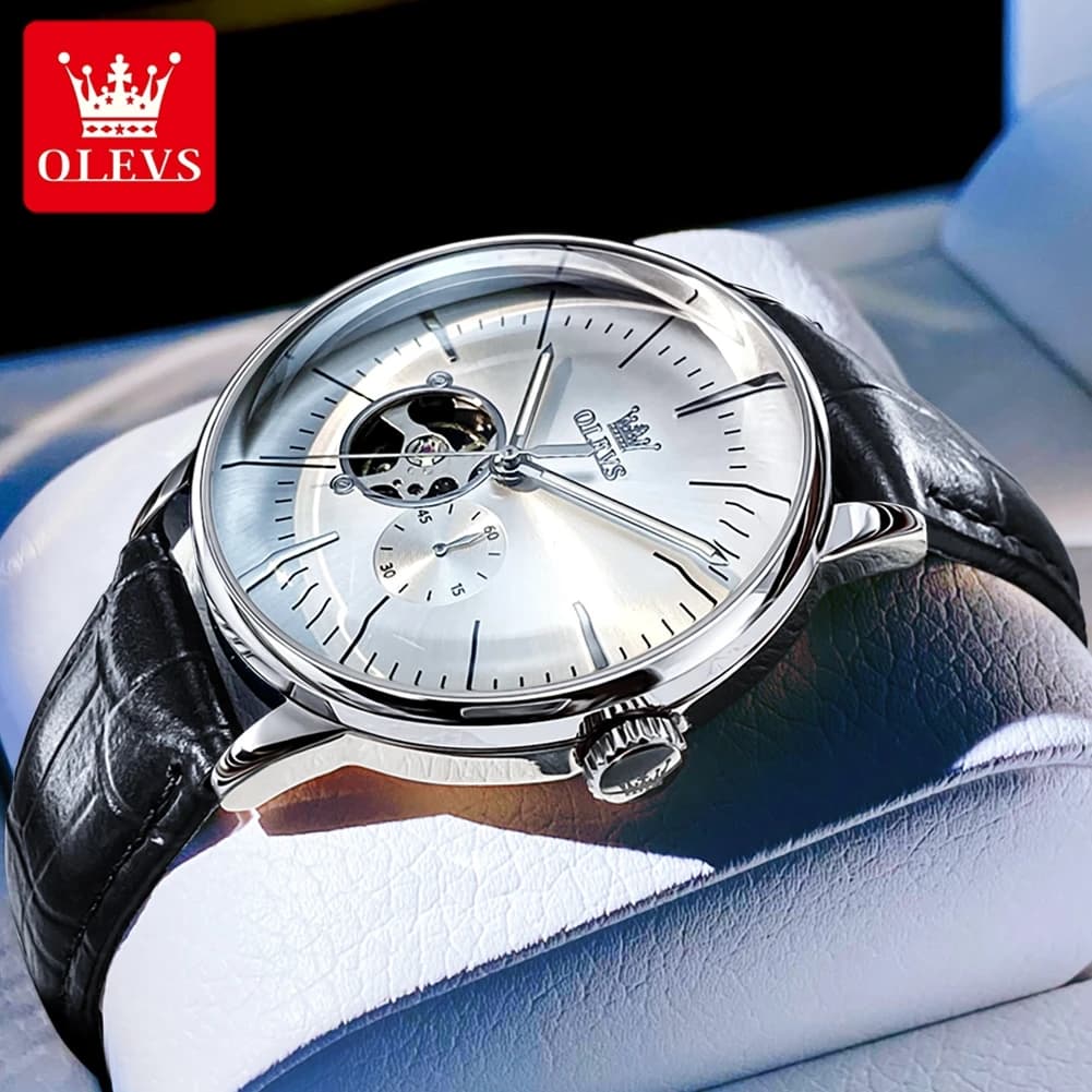 OLEVS Men's Watch Fashion Casual Leather Strap Automatic mechanical wristwatch brand original for men waterproof
