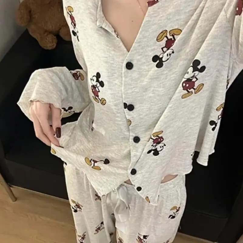 Set Pigiama Stile Cardigan con Stampa Mickey Grigio Chiaro Melange Polsini in Tessuto Morbido e Confortevole Moda Casual Estetica Y2K Abbigliamento per il Relax