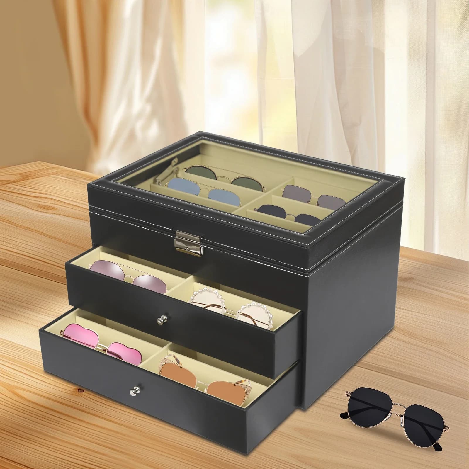 Scatola per occhiali da sole a 3 livelli, scatola portaoggetti per organizer per occhiali da sole Custodia da 24 slot Porta occhiali per esposizione domestica, Coperchio in vetro trasparente