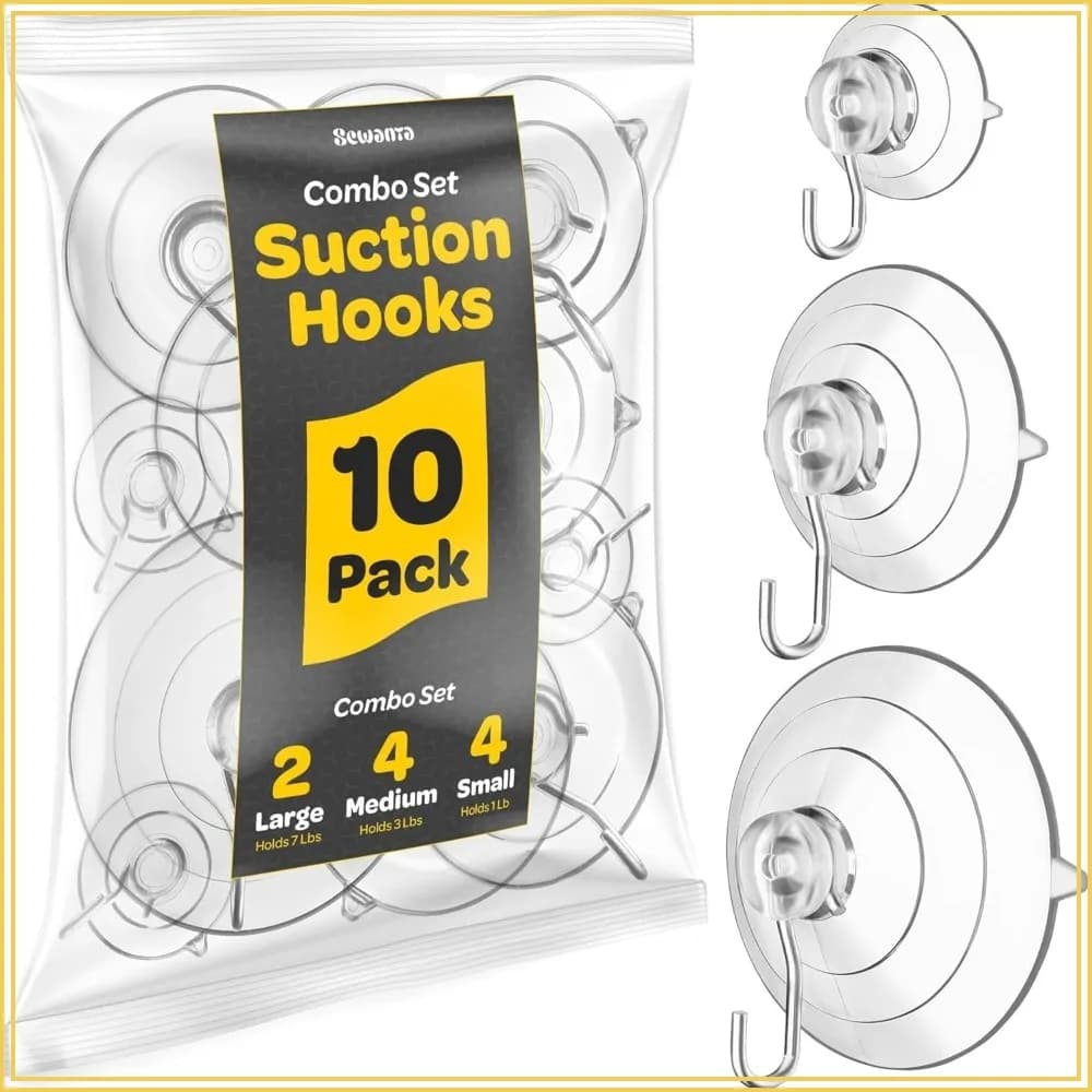 10PK Suction Cup Hooks Set - Large, Medium, Small for Glass, Tiles, Mirrors