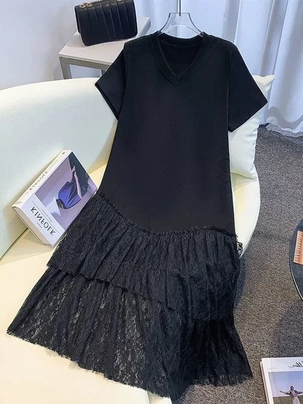 Summer Long Knee-Length T-Shirt Dress Women's plus Size Fashionable Lace Splice V-Neck Short Sleeve Dress A-Line Silhouette