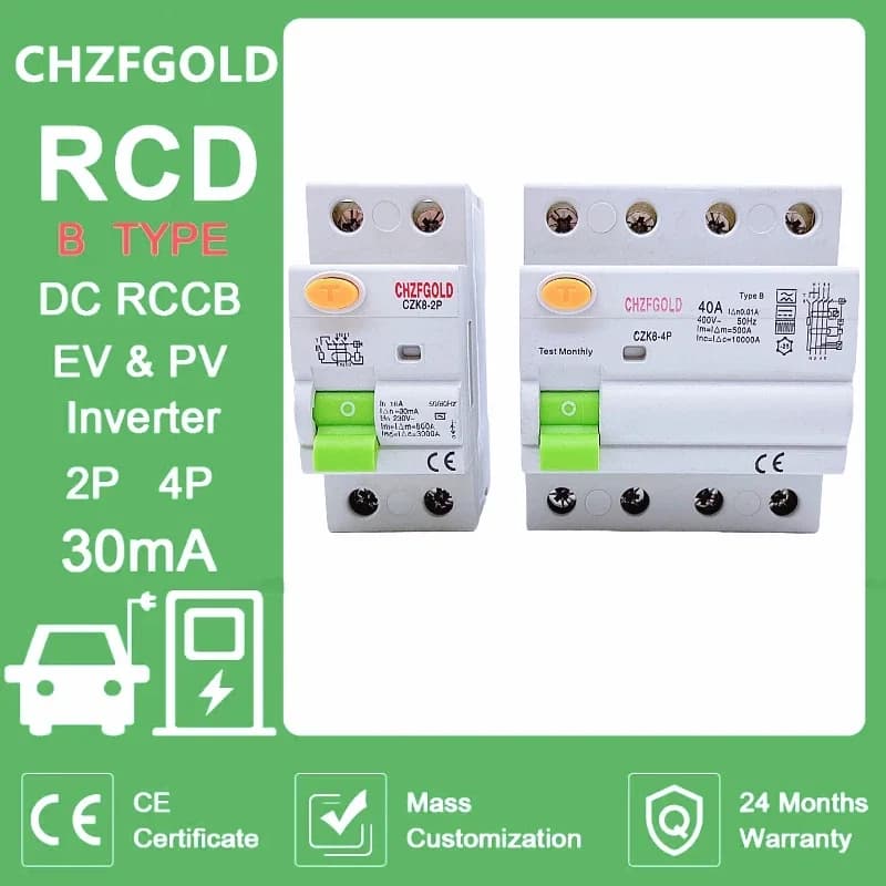 Electric Vehicle EV Charging Pile Residual Current breaker DC RCCB RCD 2P/4P 63A 30mA Type B 6KA CHZFGOLD Din Rail Earth Leakage