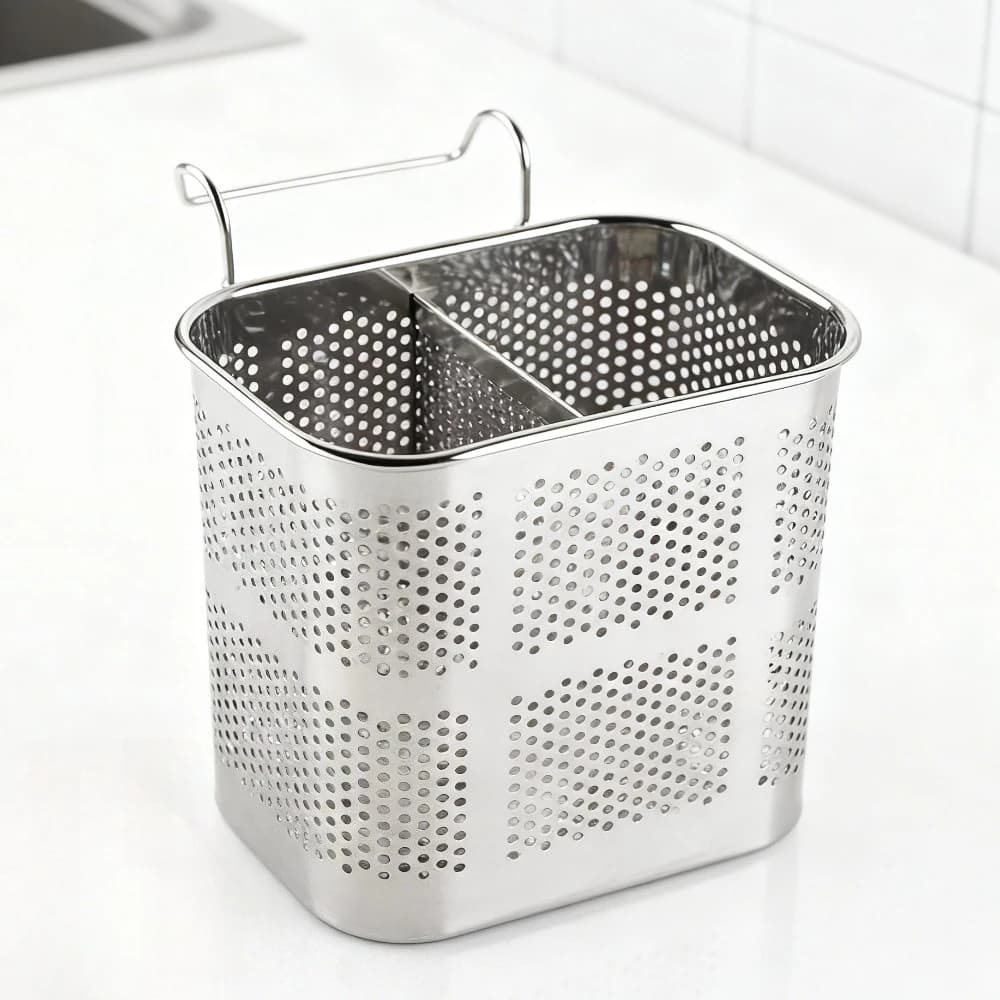 Stainless Steel Utensil Holder Chopsticks Storage Basket 2 Divided Compartments Drying Rack Holder Household Kitchen Supplies