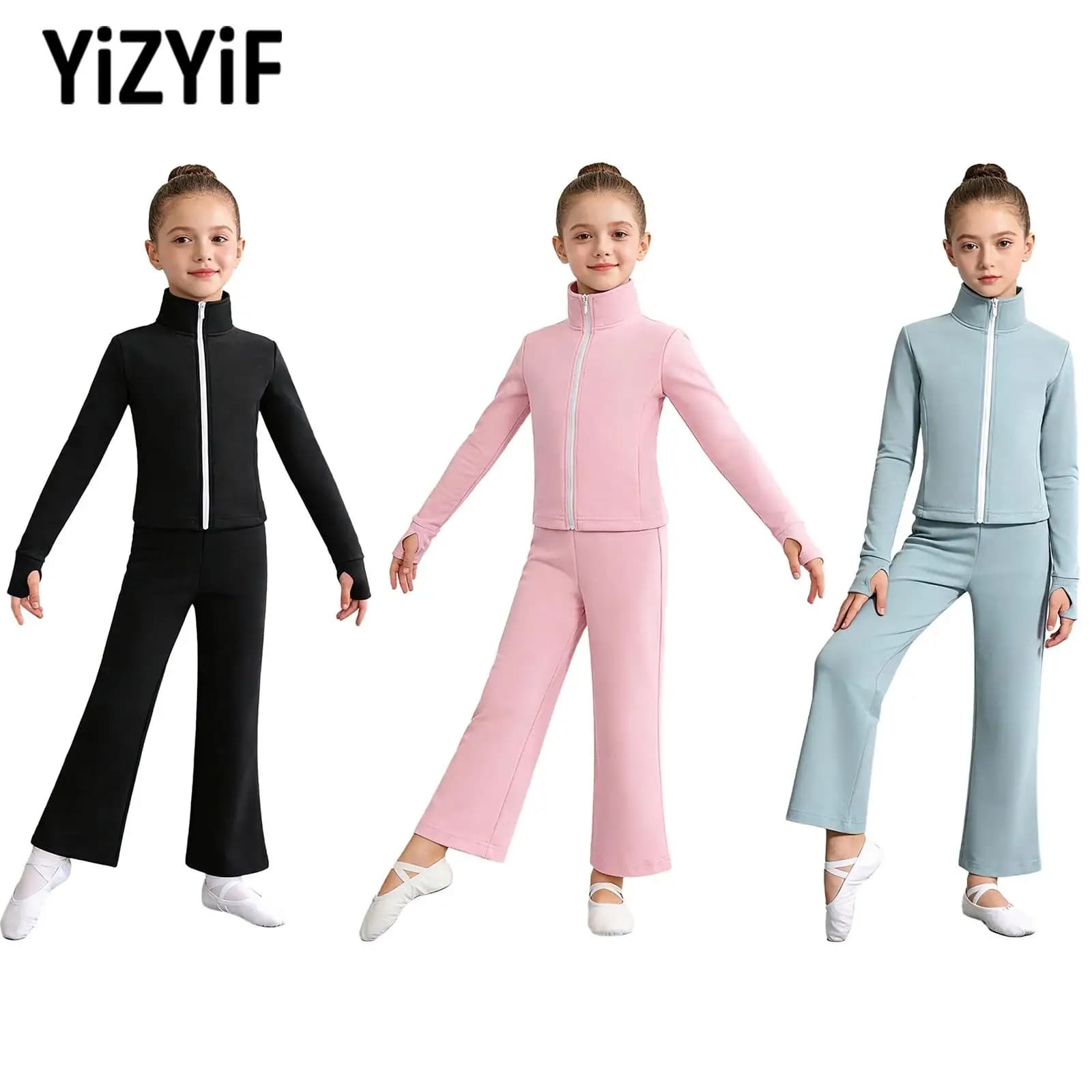Vestito di pattinaggio artistico su ghiaccio per ragazze Bambini Fori per i pollici Maniche lunghe Giacca in pile Pantaloni Tuta Pratica di ginnastica Riscaldamento Abbigliamento da ballo