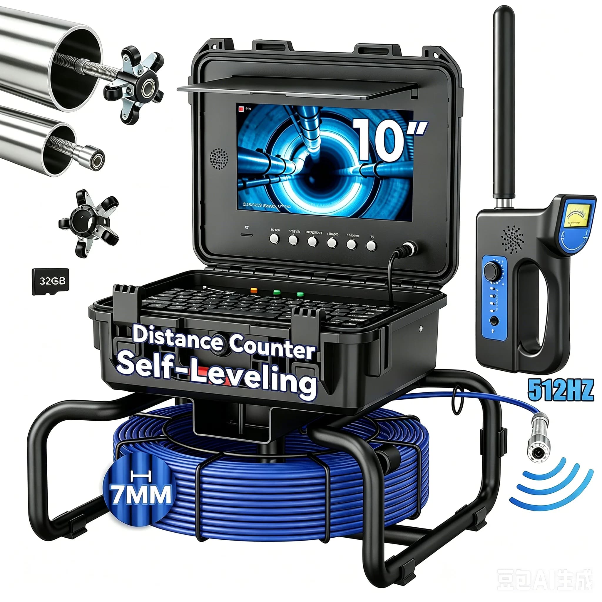 Telecamera per ispezione fognature - Telecamera per fognatura autolivellante automatica con localizzatore wireless 512 Hz, endoscopio per fognature impermeabile HD con 12 LED