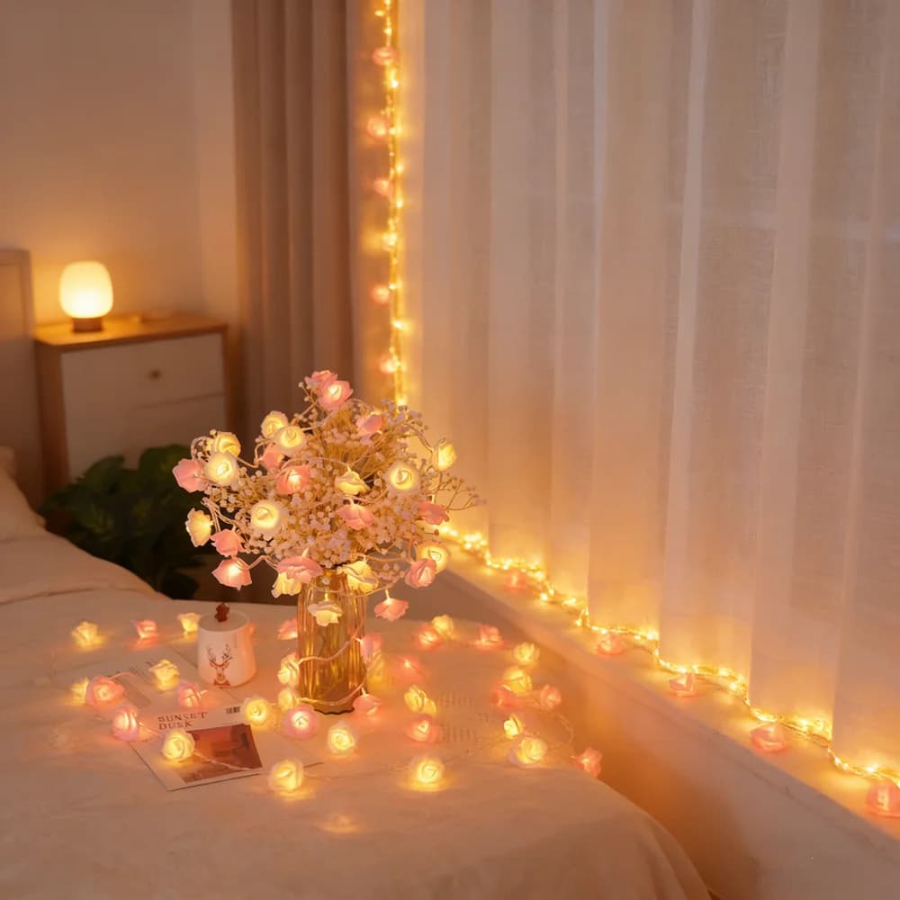 Luci a stringa a forma di rosa con 20 LED, luci fatate per ghirlande nuziali, decorazione per casa e camera da letto, a batteria, per feste e festa della mamma