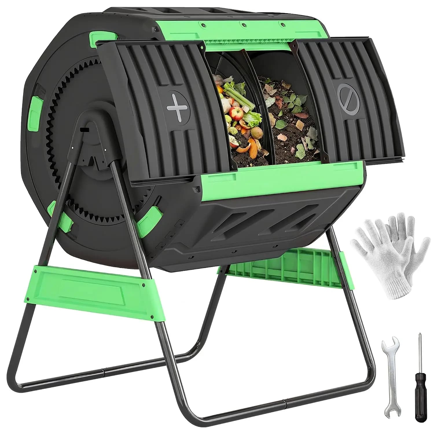 Compost Bin Outdoor, 53 Gal Dual Chamber Compost Tumbler, Green
