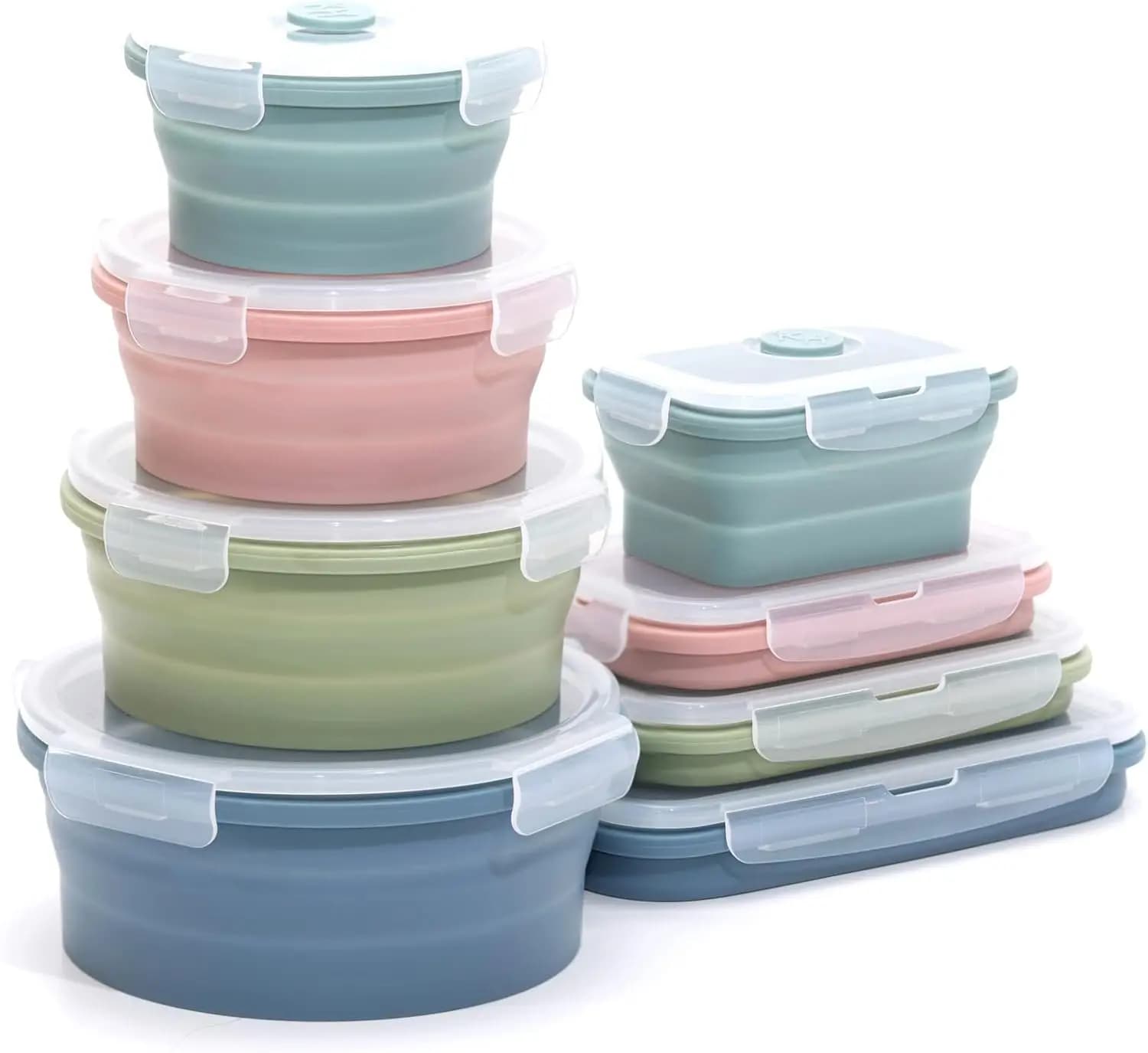Set of 8 foldable food silicone containers, without BPA, suitable for microwave and dishwasher
