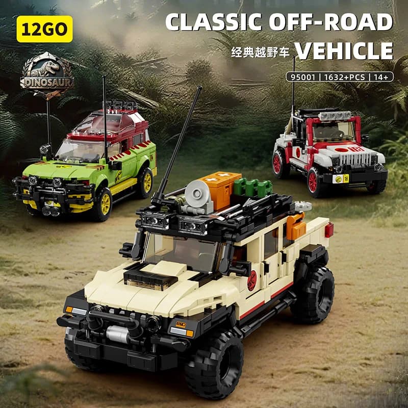 12GO 95001 Set Classico di Veicoli Fuoristrada a Tema Dinosauro, Modellino Jeep in Blocchi da Costruzione, Regalo per Ragazzi