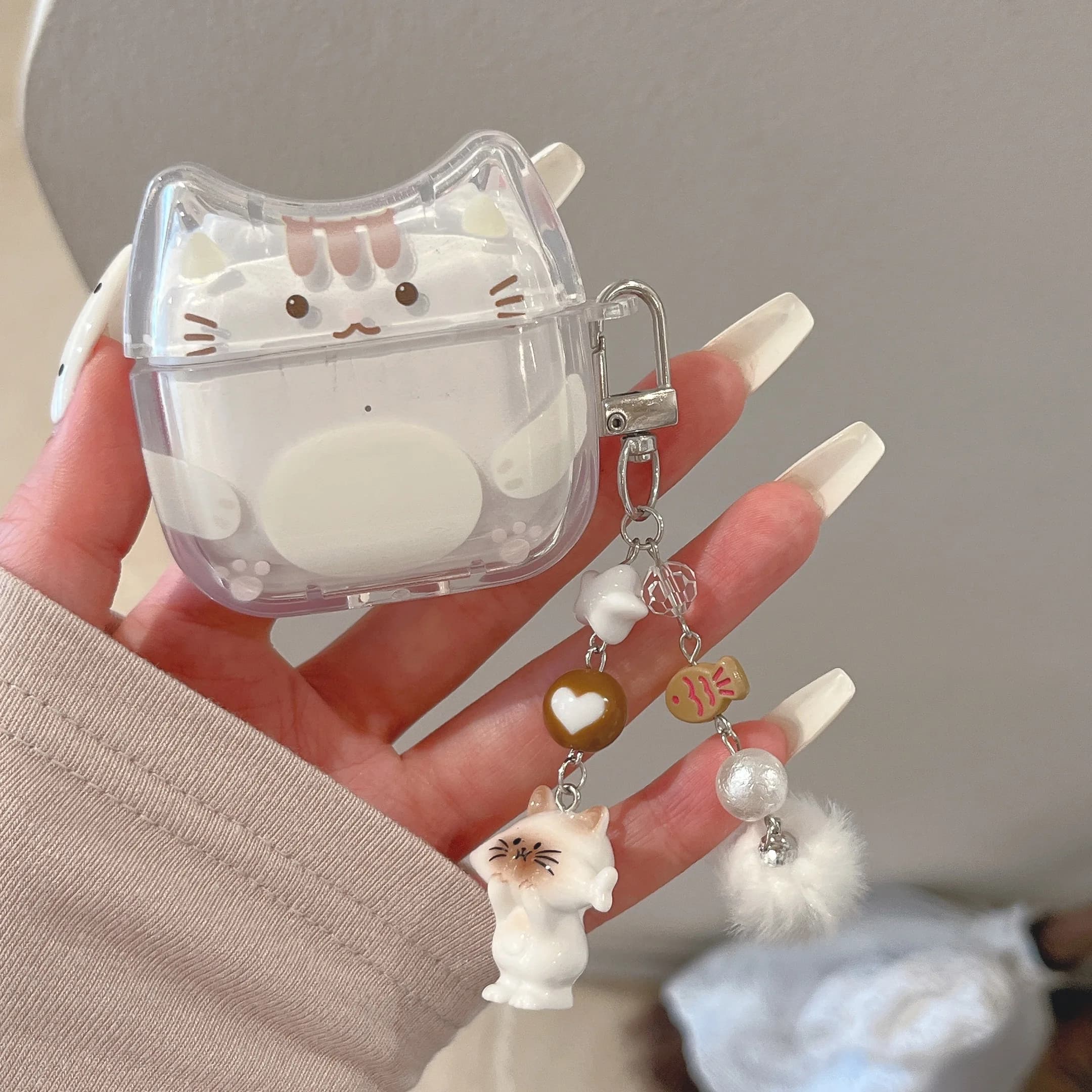 Fashion Cute Cat Ears Modeling White Paw Stamp 3D Cat Pendant Clear Earphone Protect Cover Case for AirPods 2 3 4 Pro Pro2 Pro3