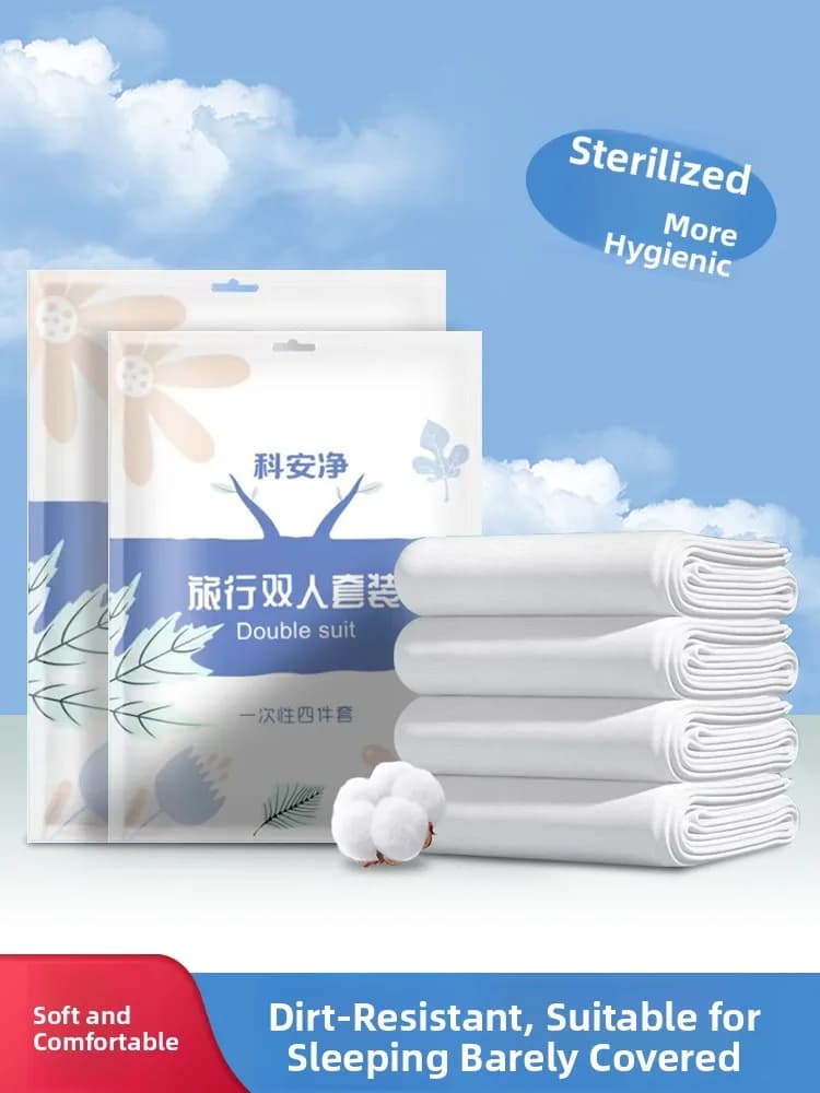 Set of disposable bed linen: bed linen, pillowcase, duvet cover, four-piece set, hygienic bag for hotel, single bed linen