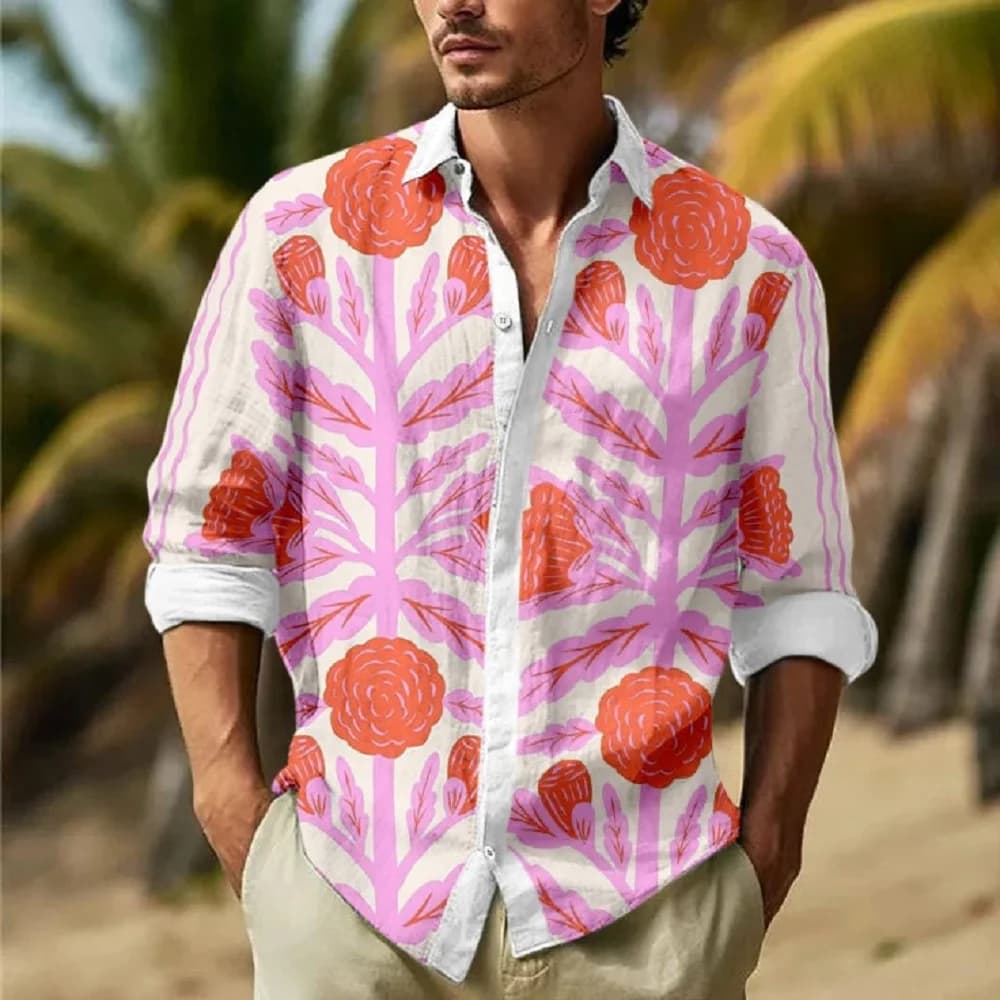 Men's Vote Turned Camisa Long Sleeved Shirts Hawaiian Oversize Flower Print 3d Fashion Men's blouse Long Sleeved Beach