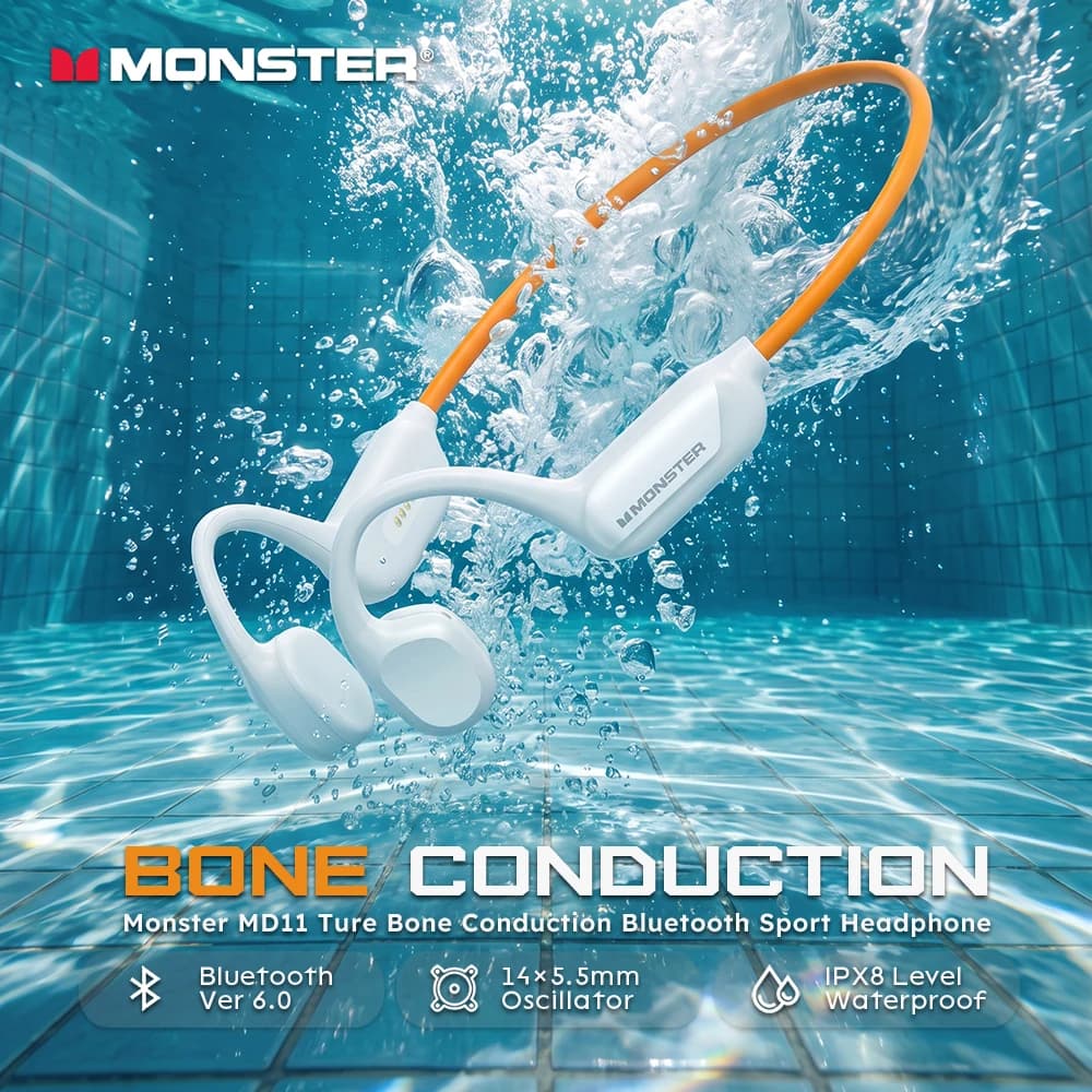 Monster MD11 Ture Bone Conduction Earphones HiFi Stereo Wireless Bluetooth 6.0 Headphone IPX8 Waterproof Sports Ear Hook Headset