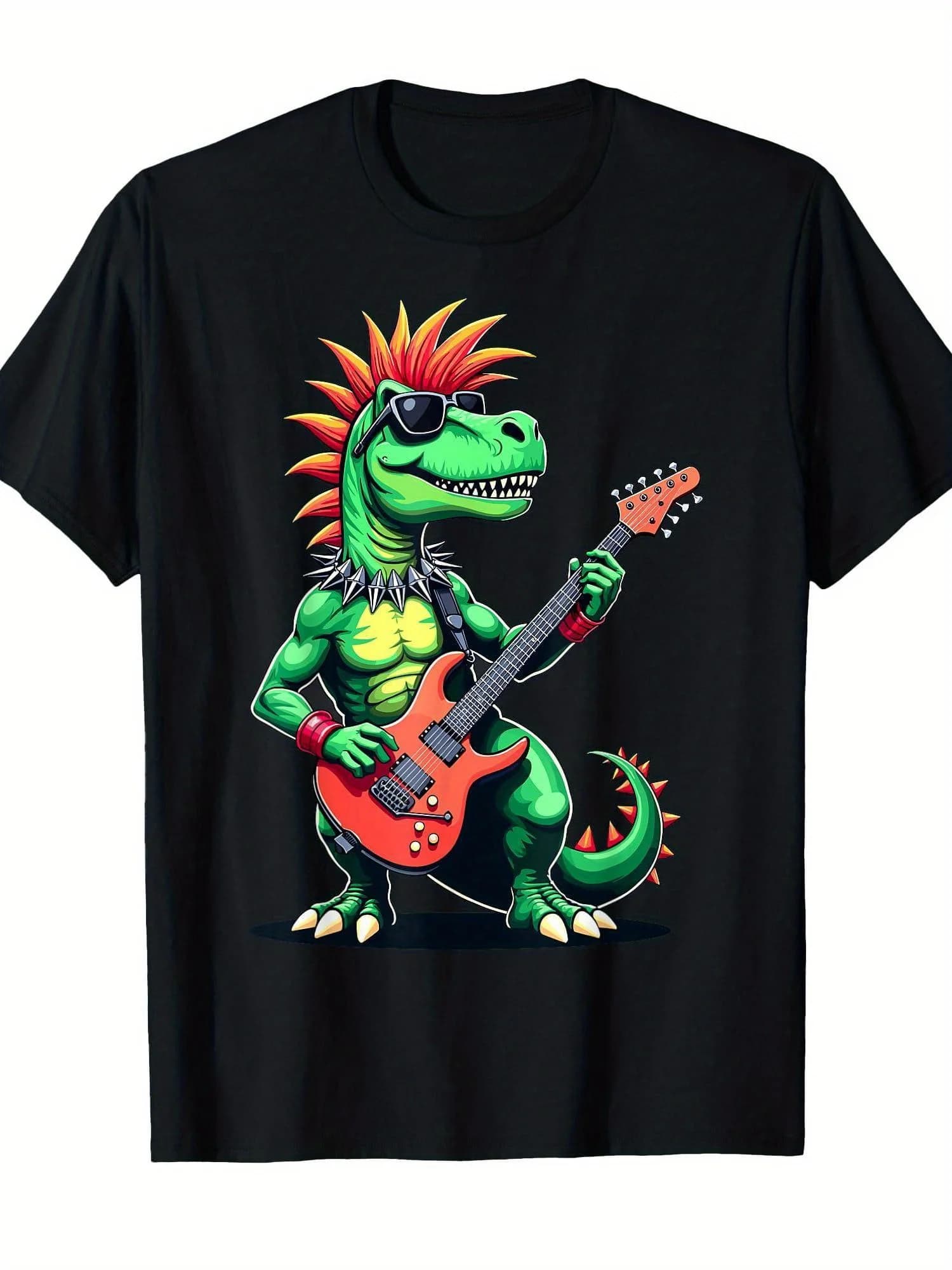 T-shirt da uomo e da donna Rock And Roll con dinosauro T-Rex che suona la chitarra - T-shirt casual a maniche corte in cotone con divertente T-Rex che suona la chitarra
