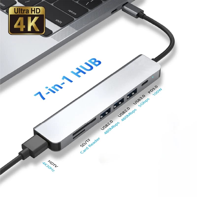 Hub USB C 7-in-1 con Uscita HDTV 4K, Ricarica Rapida PD, USB 3.0 5Gbps, Doppia USB 2.0 480Mbps e Lettore di Schede SD/TF per Laptop e Tablet