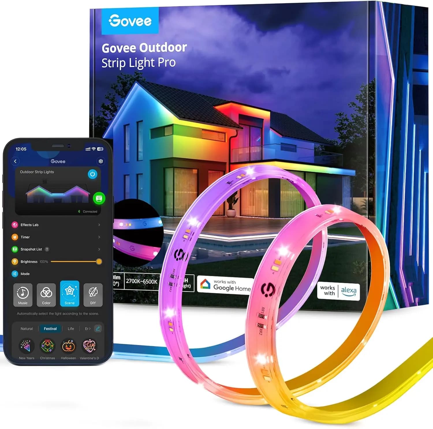 Outdoor LED Strips RGBIC 32.8 feet WiFi Smart, IP65 waterproof, works with Alexa and Google, app control for porch, patio