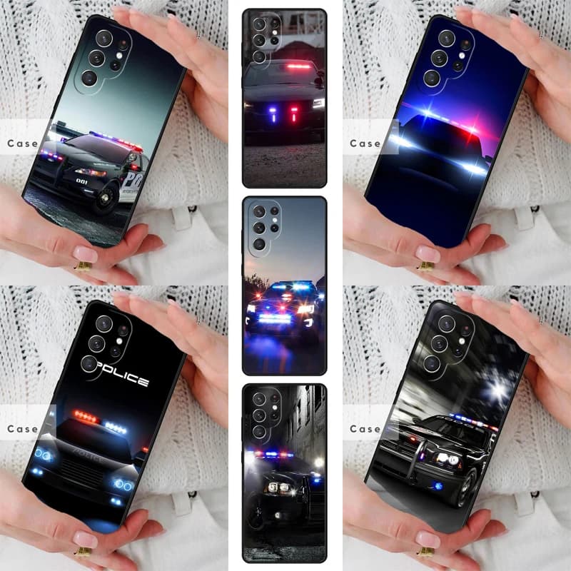 Cover per Telefono TPU con Luci Notturne a Tema Auto della Polizia per Samsung Galaxy S26 S25 S24 S23 S22 S21 S20 Note10 Plus FE Ultra