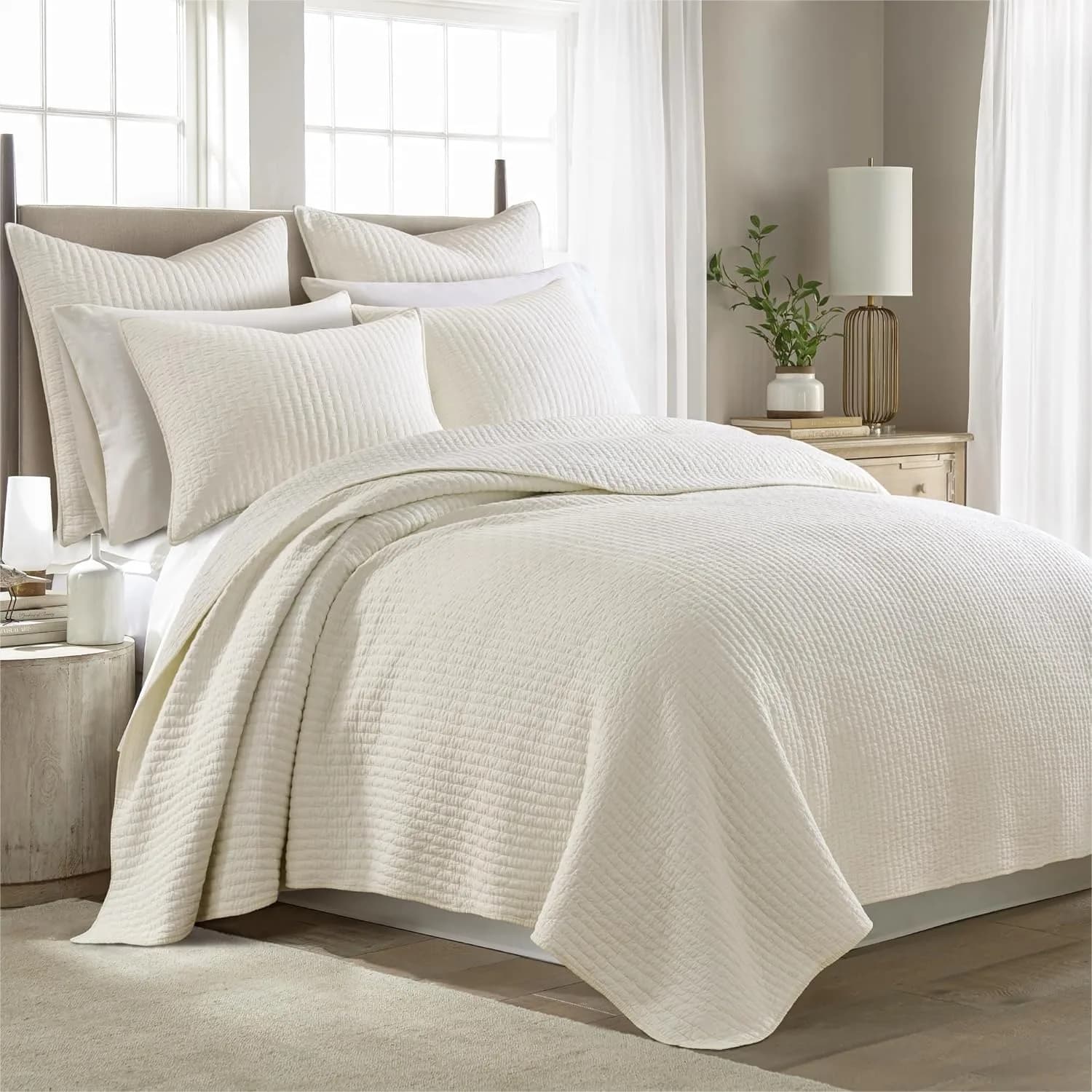Set Trapuntato a Punto Croce King Size 100% Cotone Leggero con 2 Federe Color Crema