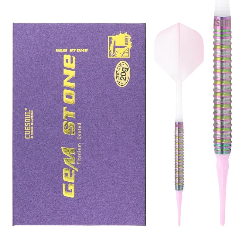 CUESOUL PINK GEM Stone 20g Soft Tip 90% Tungsten Darts with Uniformity Titanium Coated and ROST Flights Gradient Color