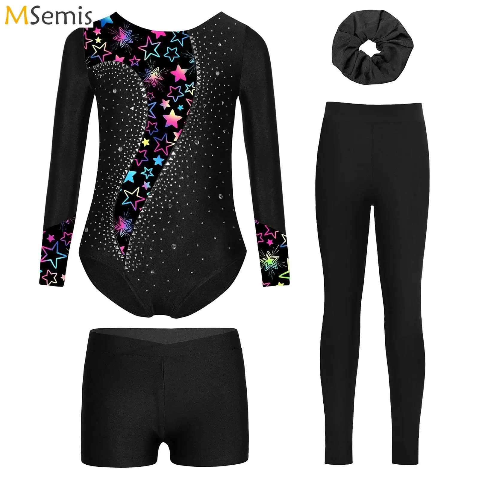 Bambini Ragazze Balletto Ginnastica Set da ballo Completo sportivo Body a maniche lunghe con strass con pantaloncini, leggings e tute con fascia