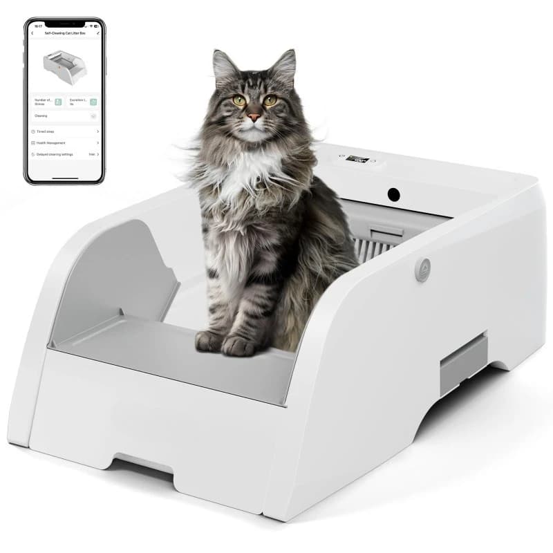 Lettiera Automatica per Gatti Aggiornata, Autopulente, Design Aperto, Adattabile ai Gatti, Anti-Pizzicamento e Inodore, con App