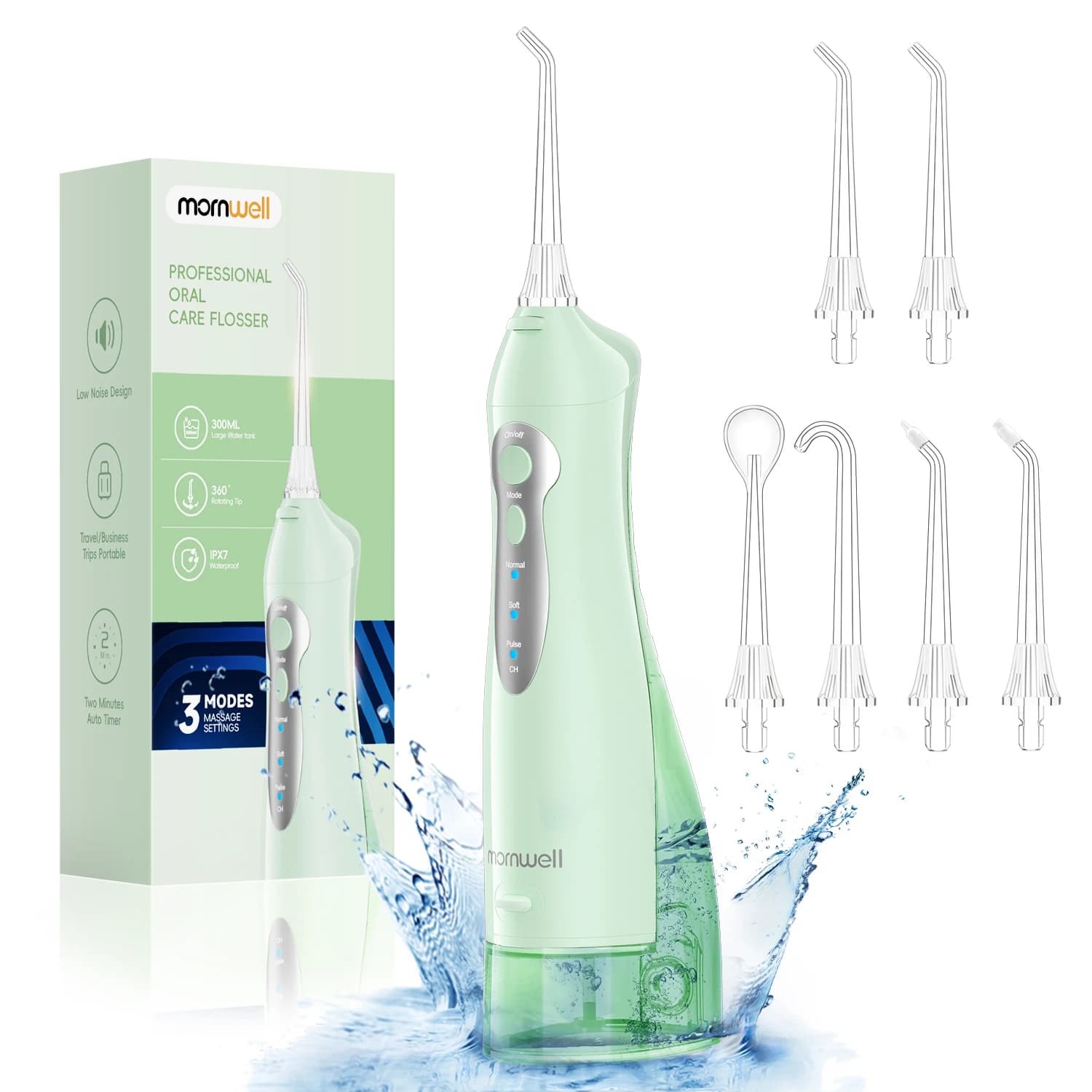 Idropulsore Dentale Mornwell - Portatile 300ML con 3 Modalità, Ricaricabile IPX7 Impermeabile per Pulizia dei Denti-5012D(D52)