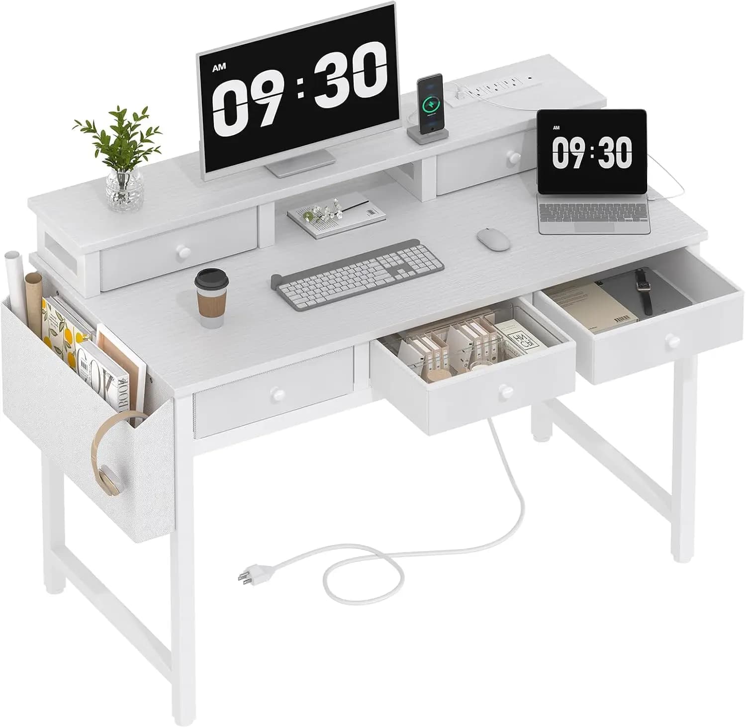 Scrivania per Computer Bianca da 40 Pollici con Cassetti in Tessuto, Presa di Corrente e Supporto per Monitor per Ufficio Domestico o Camera da Letto