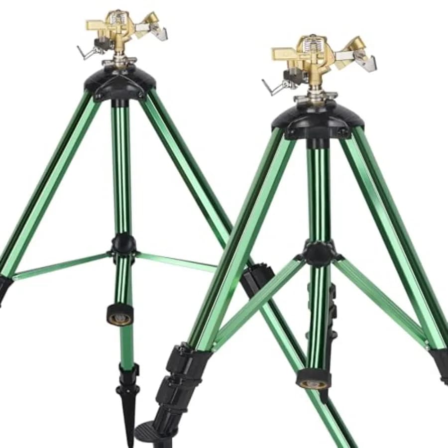 Irrigatore a 360° regolabile in ottone su base treppiede in metallo resistente con picchetti per irrigazione di ampie aree di prato, giardini e cortili Dura