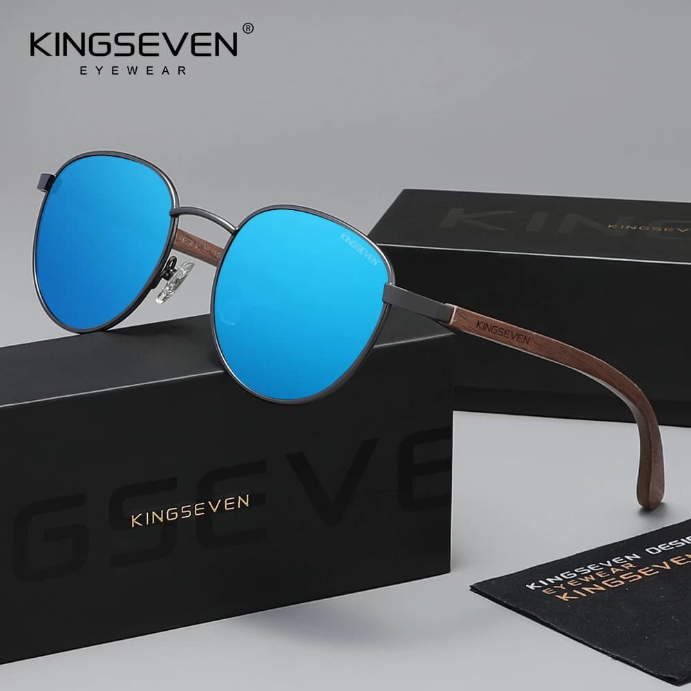 KINGSEVEN Retro Wooden Sunglasses Men Women Polarized Round Frame High Quality Walnut Wooden Driving Eyewear
