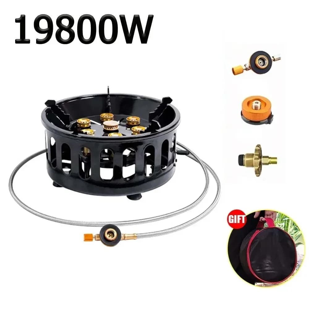 19800W to 7 Fuochi, High Power, Strong Flame, Portable Gas Burner for Turists, Windproof, Electronic ignition, Camping Equipment