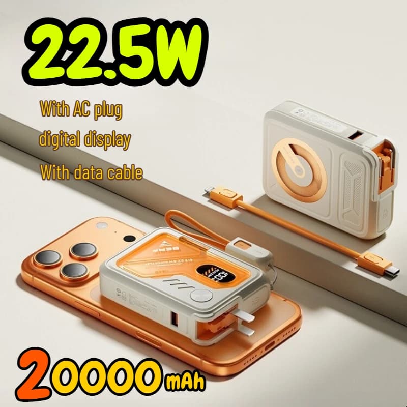New Magnetic Wireless Power Bank 20000mAh 22.5W Fast Charging with AC Plug for Samsung IPhone Xiaomi Huawei External Battery