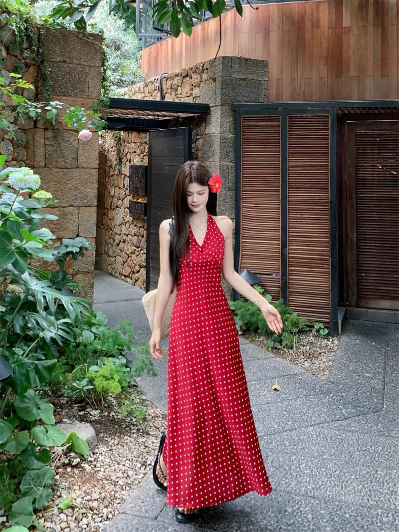 Red Polka Dot Vintage Neck Hanging Dress Women's Summer Waist Slimming A-Line Skirt French Style No Brand Other Material