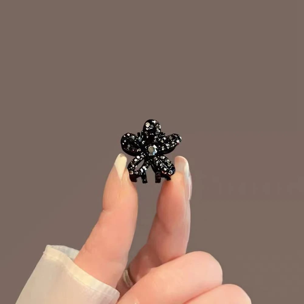 Black Rhinestone Flower Hair Claw Clip Mini Size For Women Bangs Side Hair Elegant Daily Accessory Gift Shiny Crystal Detail