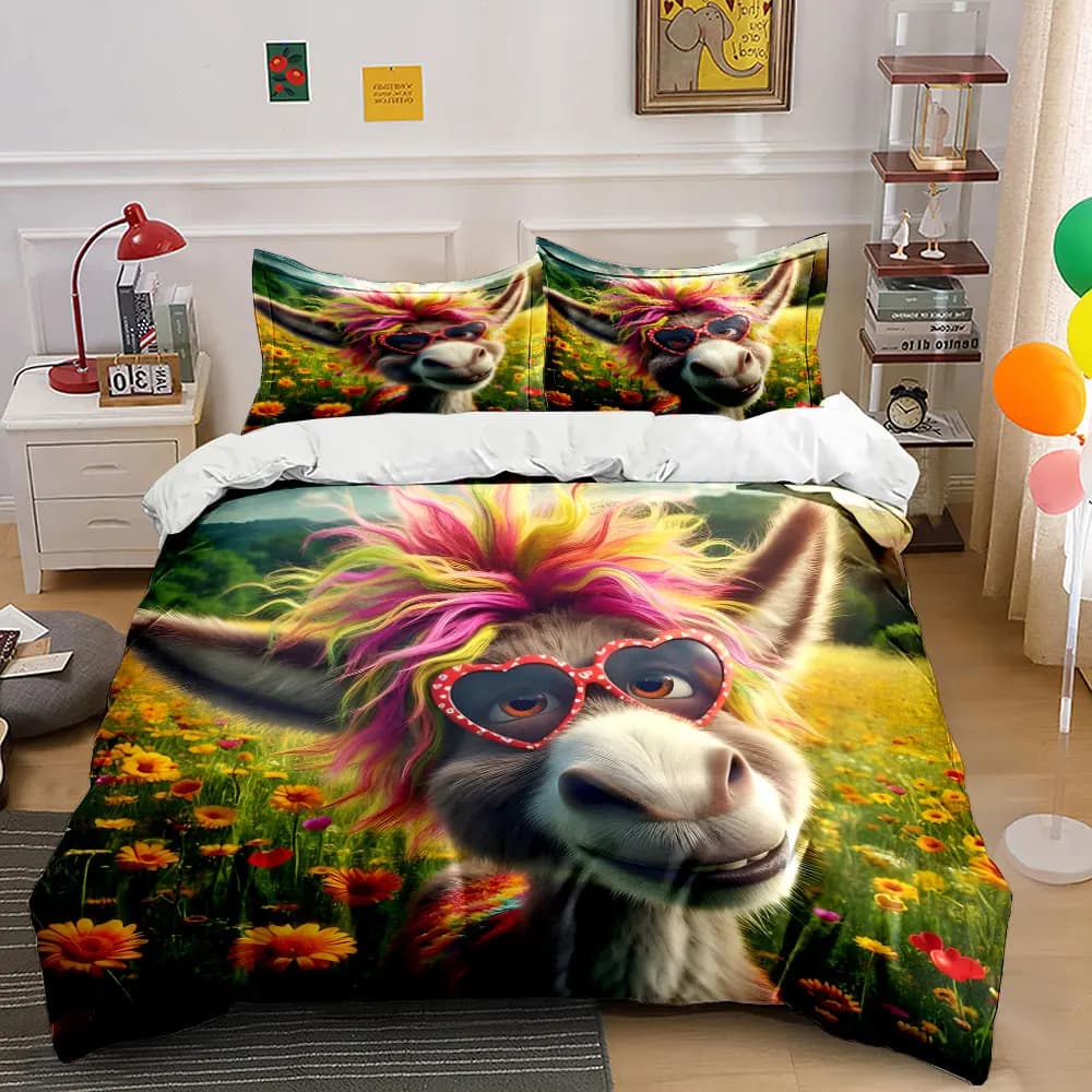 Rainbow Donkey in Vibrant Flower Field Print Bedding Set 1 Duvet Cover 2 Pillowcases for Adult and Children Luxury Gift