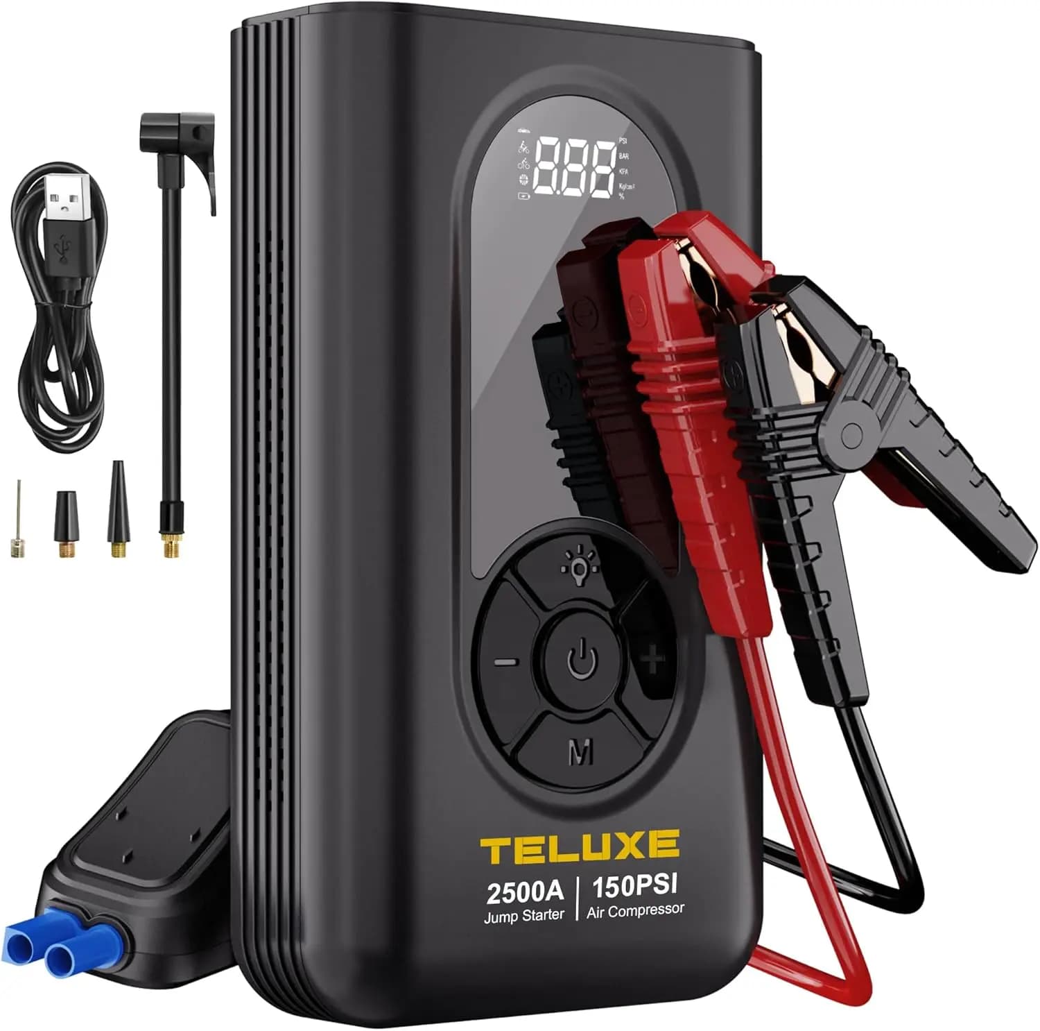 Avviatore di Emergenza 2500A con Compressore d'Aria, Booster Batteria al Litio 12V per Motori Benzina/Diesel, Gonfiatore Pneumatici Digitale