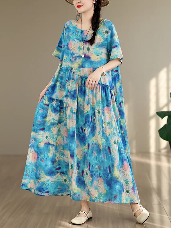 Laid-back Style Gradient Print round Neck Short Sleeve Women's Dress Summer New Loose Slimming Holiday Style Lace Long Dress