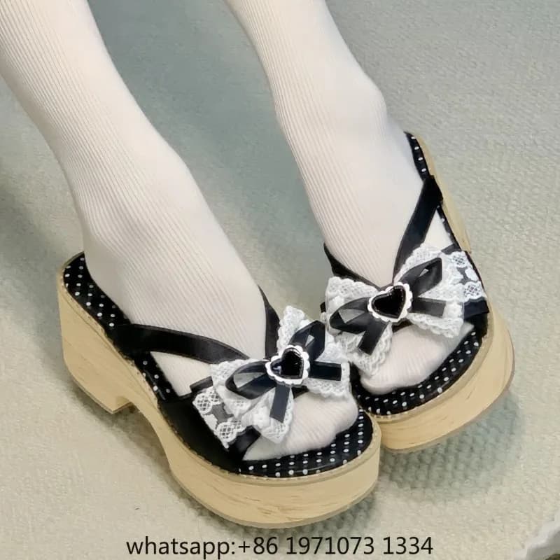 Japanese Cos Clogs Slippers Women Summer New Sweet Bow Wood Grain Thick-bottomed Comfortable Platform Shoes High-heeled Slippers