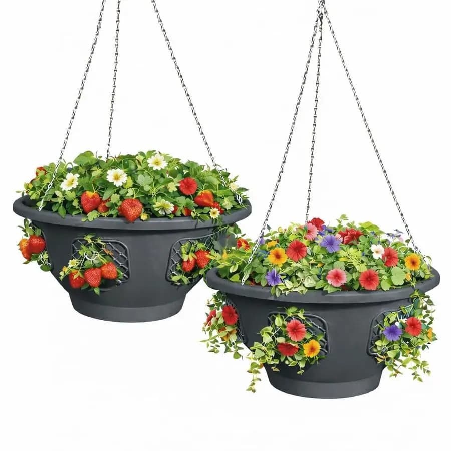 Hanging baskets for strawberries, tomatoes, flowers and herbs, garden pots to grow outdoor plants on a terrace or fence.