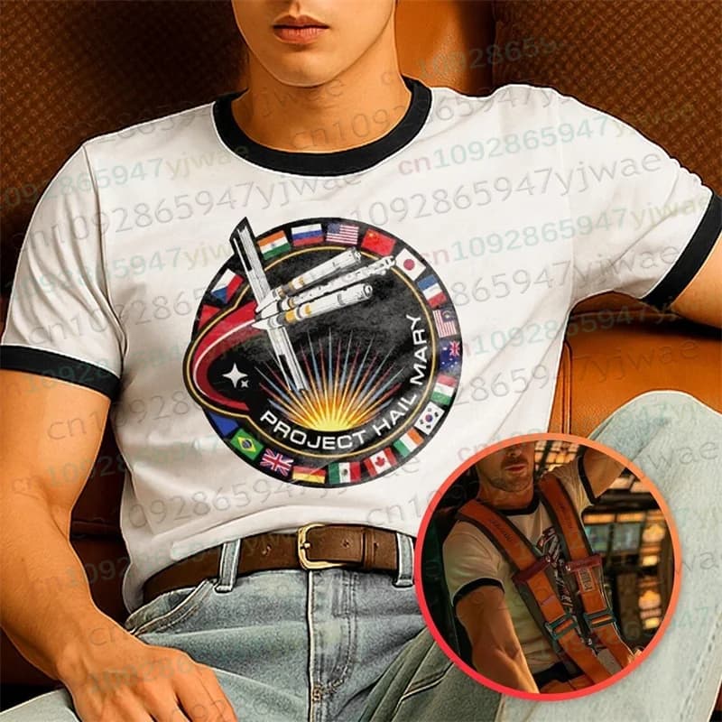 T-shirt Ringer Project Hail Mary con Patch Mission, Stile Ryan Gosling, per Fan, Donna, Uomo, Abbinamento Genitore-Figlio