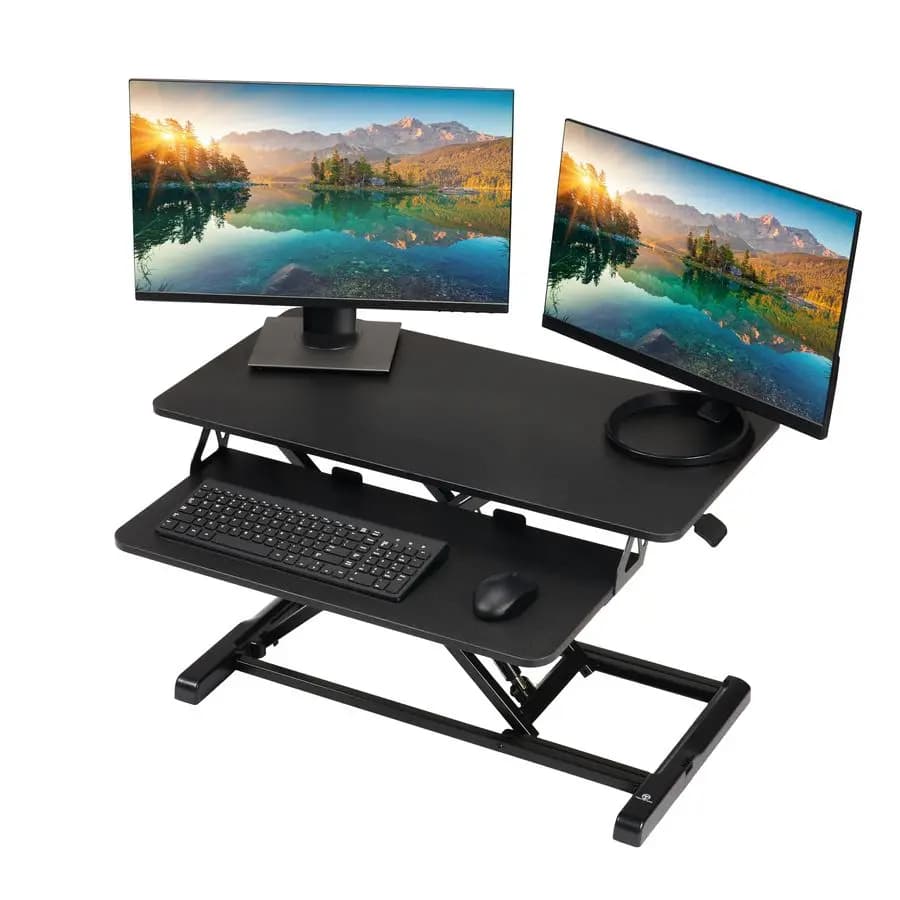 32 inch adjustable desk converter, sitting standing, chipboard, double monitor support with keyboard