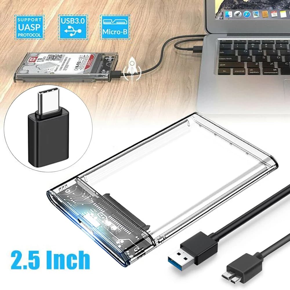 USB 3.0/3.1 HDD Enclosure 2.5inch SATA SSD Hard Drive Case with 5Gbps Transfer Speed Transparent Design Mobile External Housing