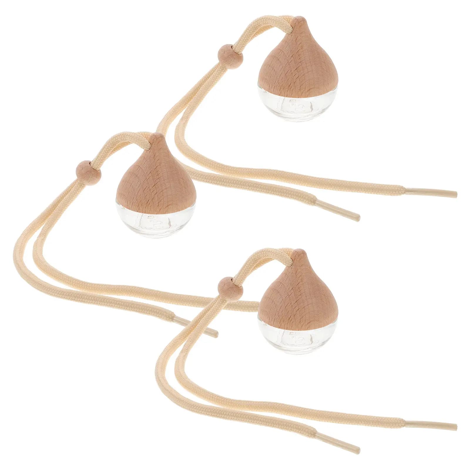 Set di 3 Bottiglie a Goccia per Profumo Auto, Diffusori Pendenti Ricaricabili in Vetro con Coperchio in Legno, Deodorante per Auto con Oli Essenziali