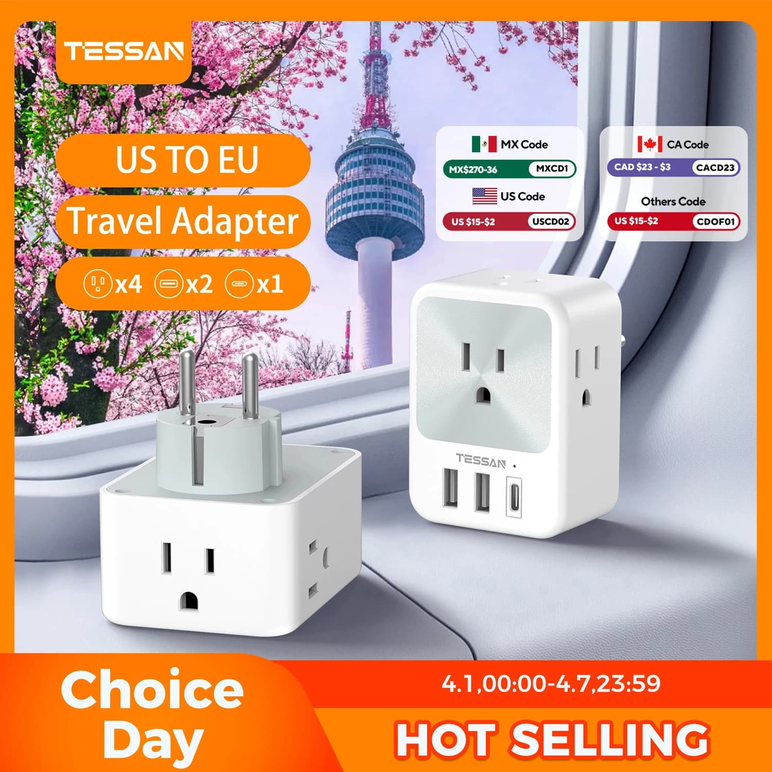 TESSAN travel adapter from American socket to European socket with 4 AC sockets, 1 USB C port, 2 USB A ports, multiple electrical socket for the house