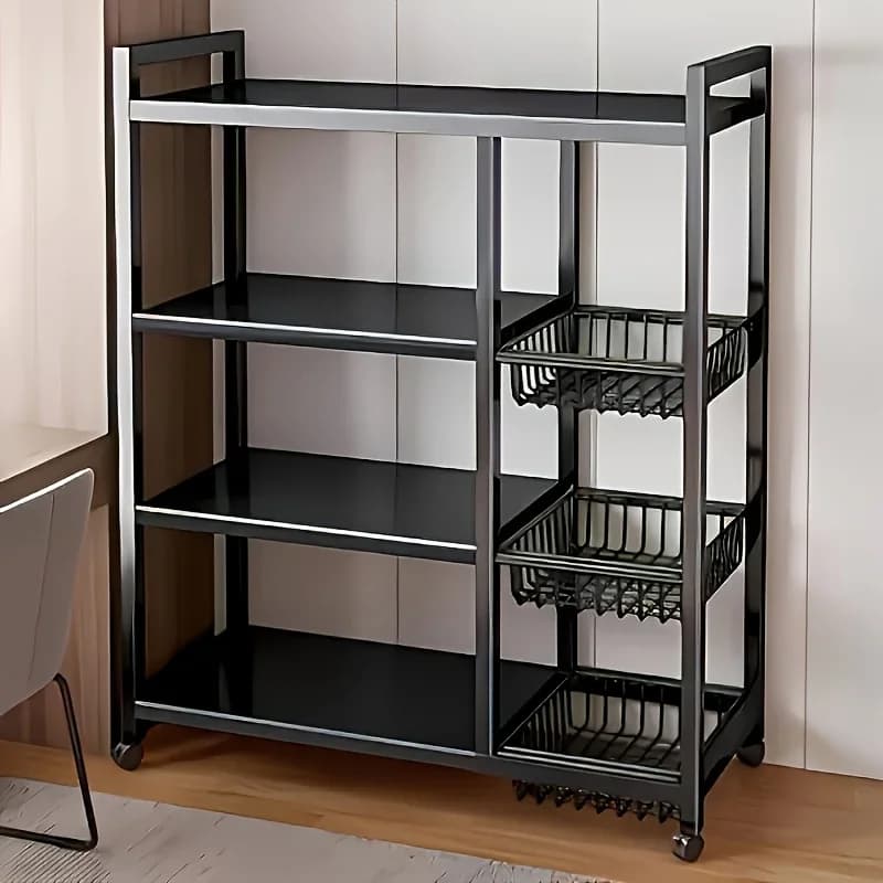 4-tier adjustable gold metal storage shelf with wheels and 3 baskets - Mobile organizer shelf kitchen