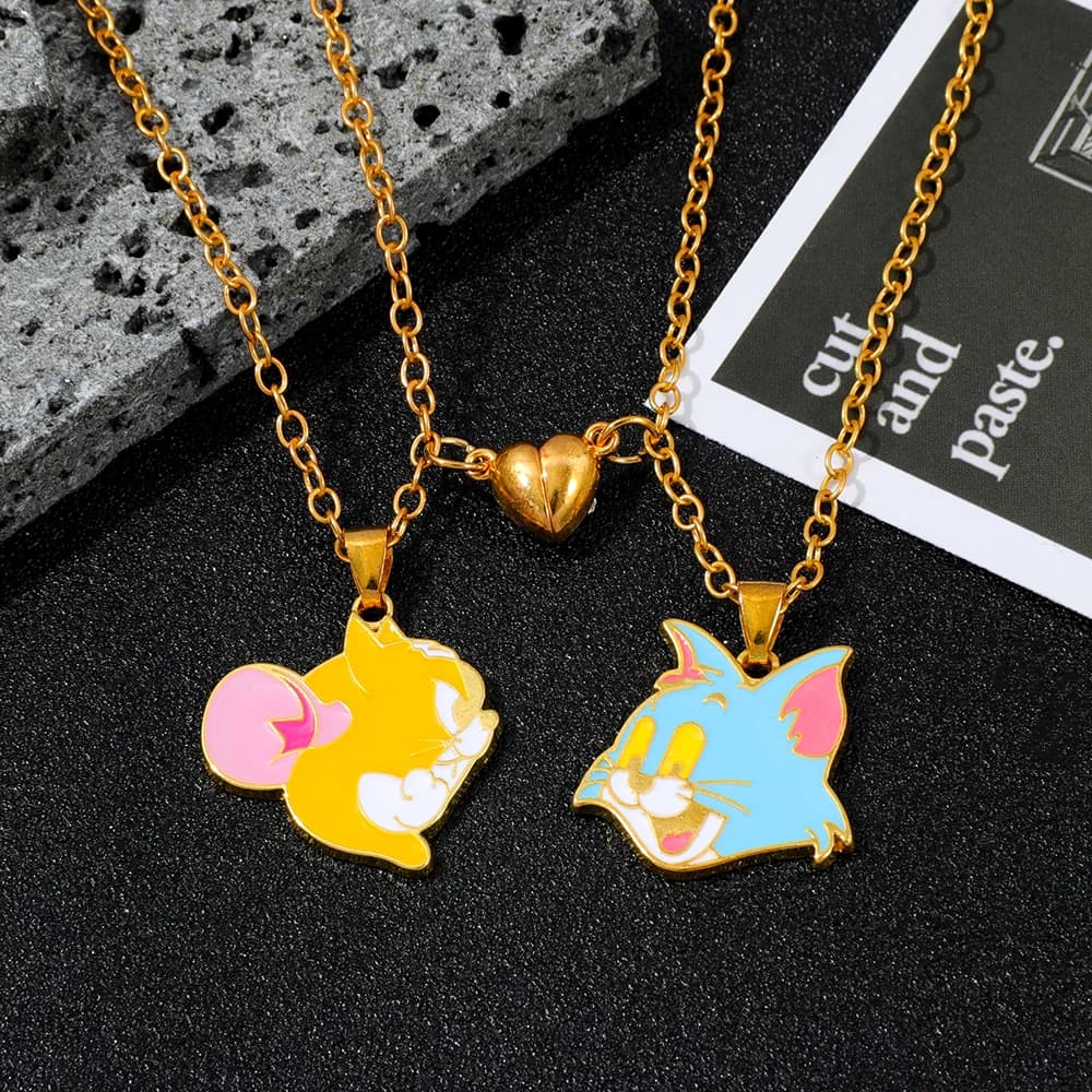 2pcs Tom & Jerry Heart-Shaped Magnetic Pendant Charm Cute Animated Necklace for Couples And Friends Jewelry Accessory